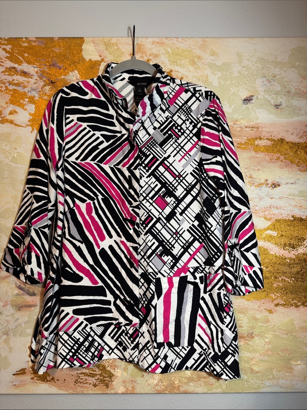 Ali Miles Abstract Top Pink Black White Grey Artsy Small